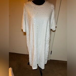 White Sequin Tshirt Dress